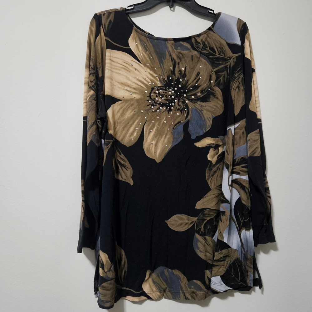 Susan Graver Artisan Floral Rhinestone Tunic Top‎ Black Tan Blue Womens 1X